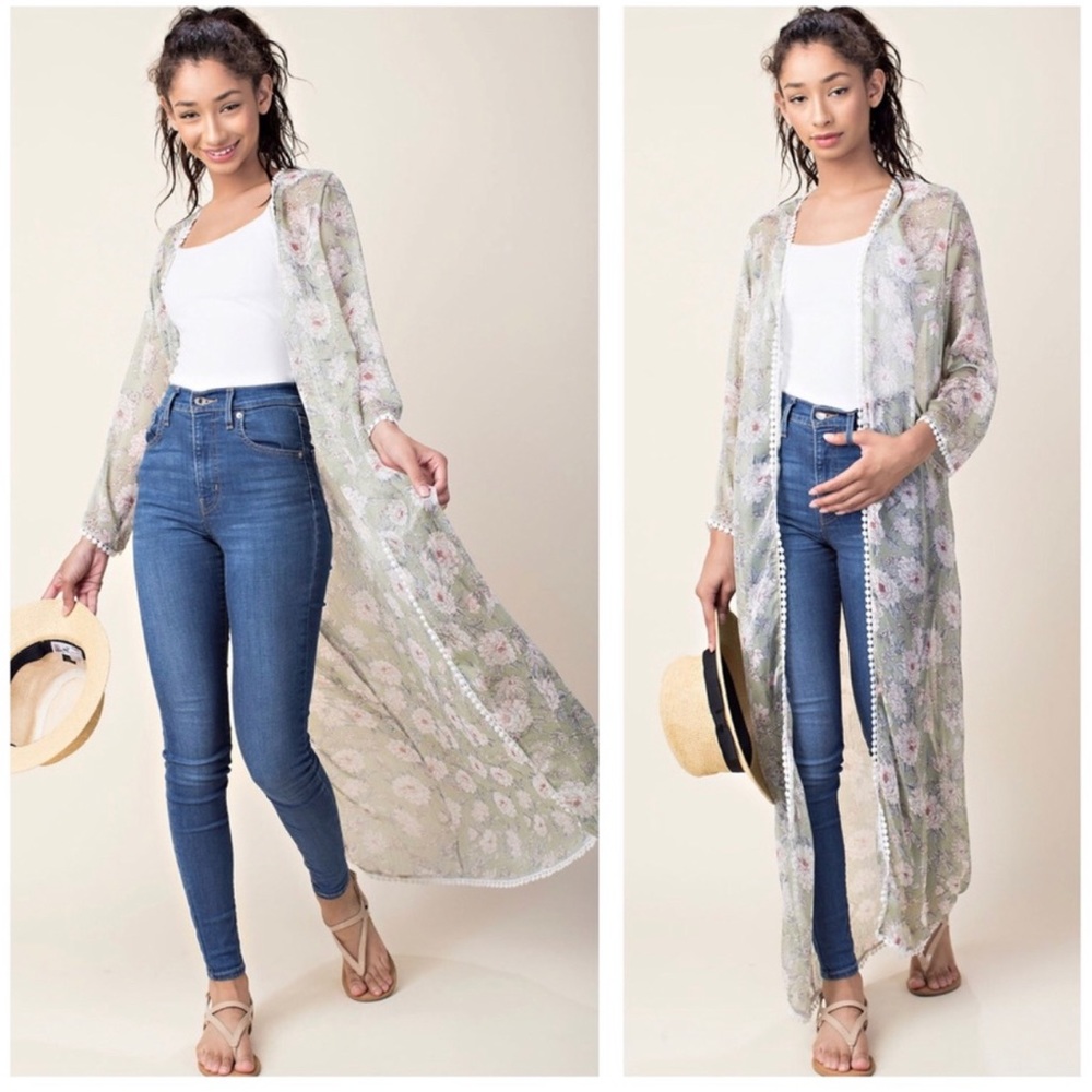 Sage boho longline floral print cardigan